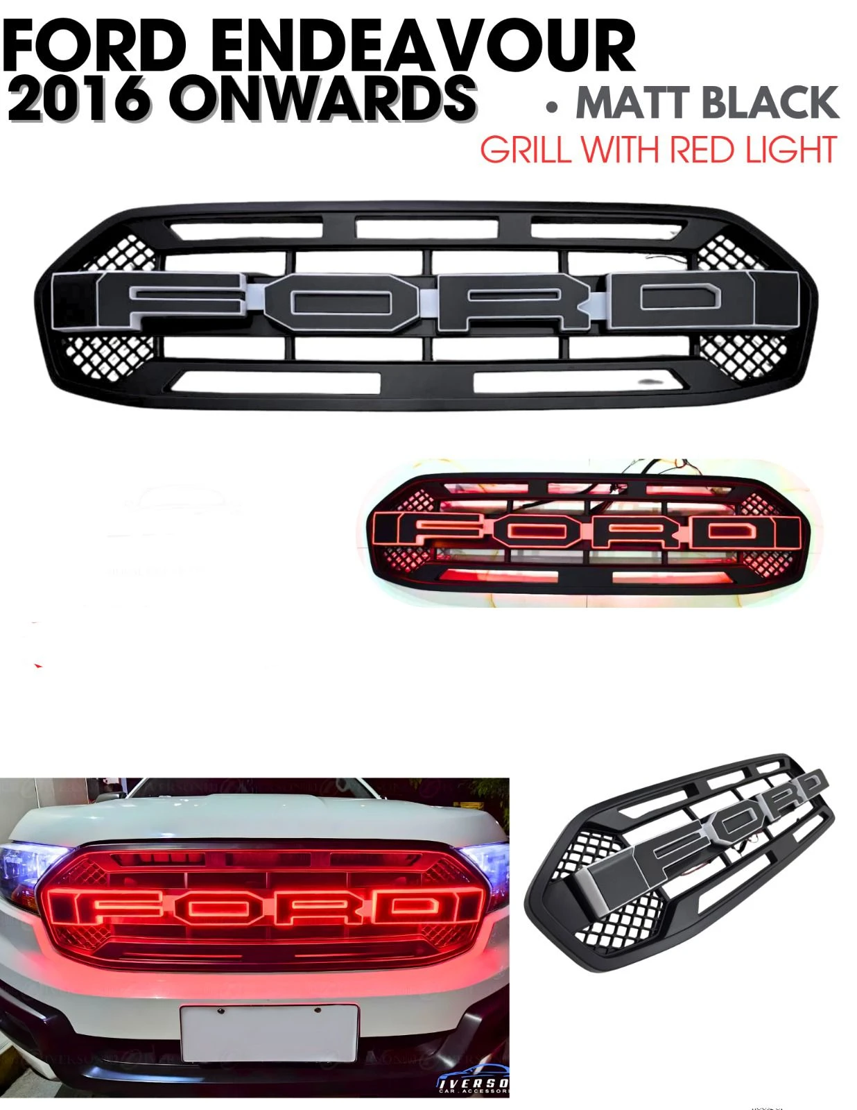Ford Endeavour 2016‑On Illuminated Grille | Matte Black | Backlit “FORD” Letters | Red/Blue/White